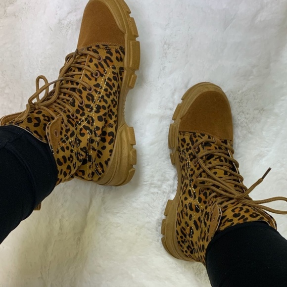 Canvas & Faux Suede Combat Boots in Leopard - Picture 5 of 8